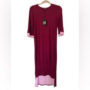 NWT Linear Asymmetrical Burgundy and Pink Stretchy Dress. Size XS